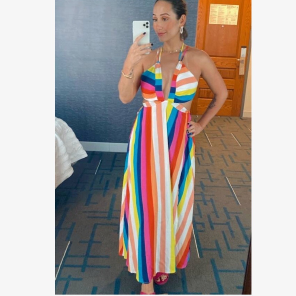 Striped Multicolor Backless Strappy V-Neck Maxi Dress Leg Slit - Picture 16 of 16